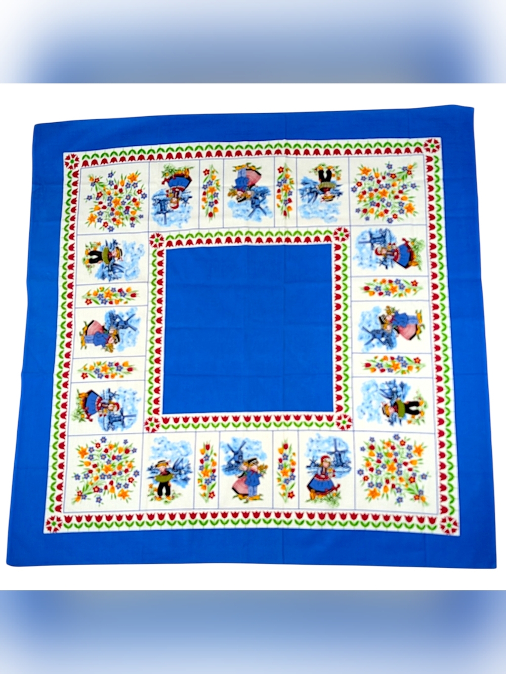 NEW Vintage Dutch Tablecloth Blue Scandinavian Folk Art Cotton Square 35"x35"